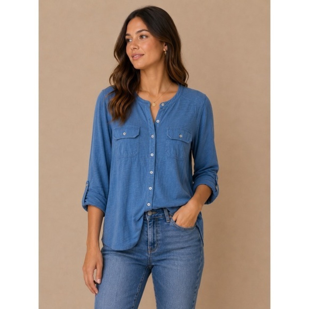 Carhartt Womens Blue Cotton Slub Jersey Button Up Long Sleeve Shirt S 100037 431